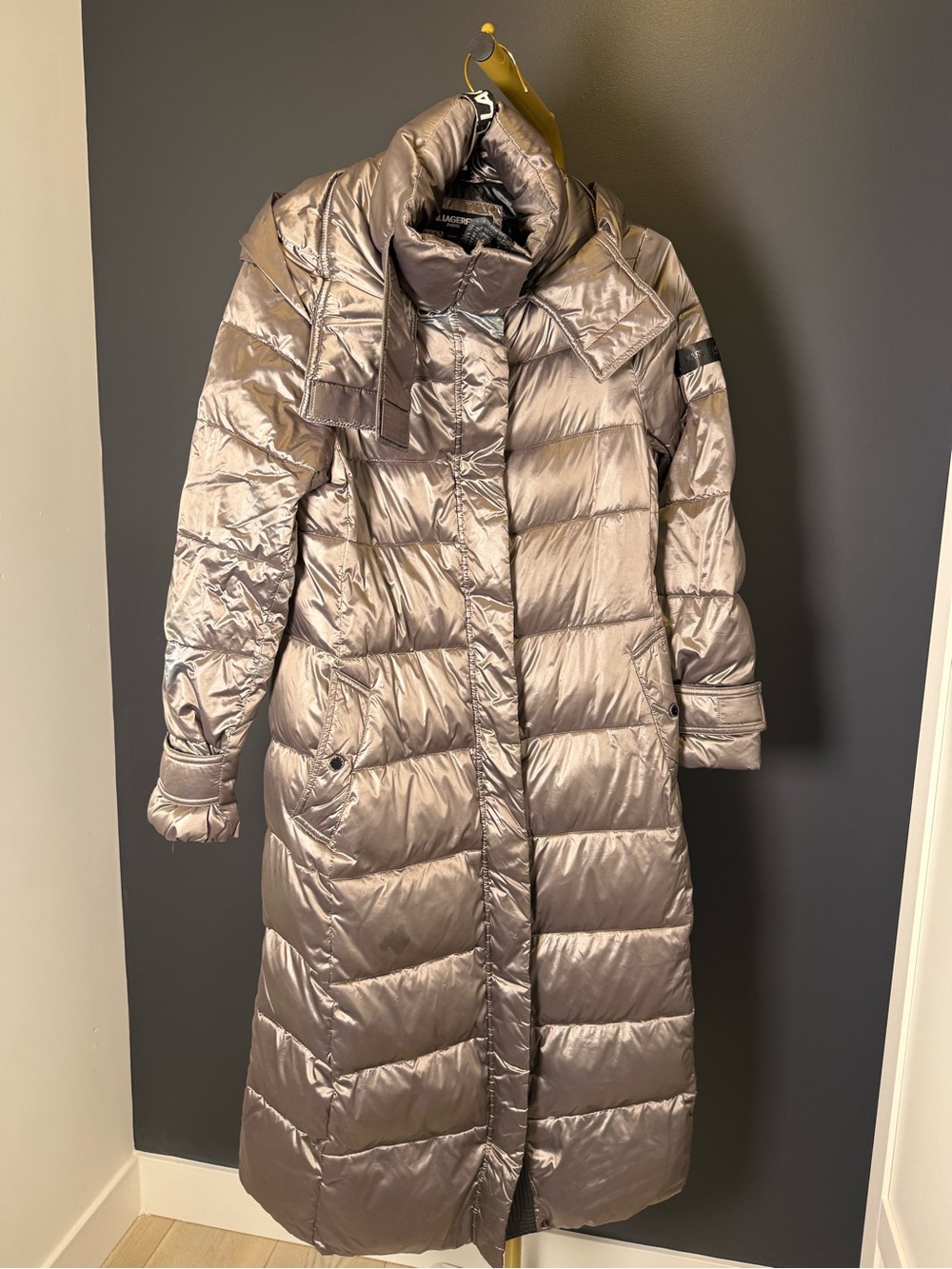 Karl Lagerfeld Metallic Taupe Long Quilted Puffer Coat